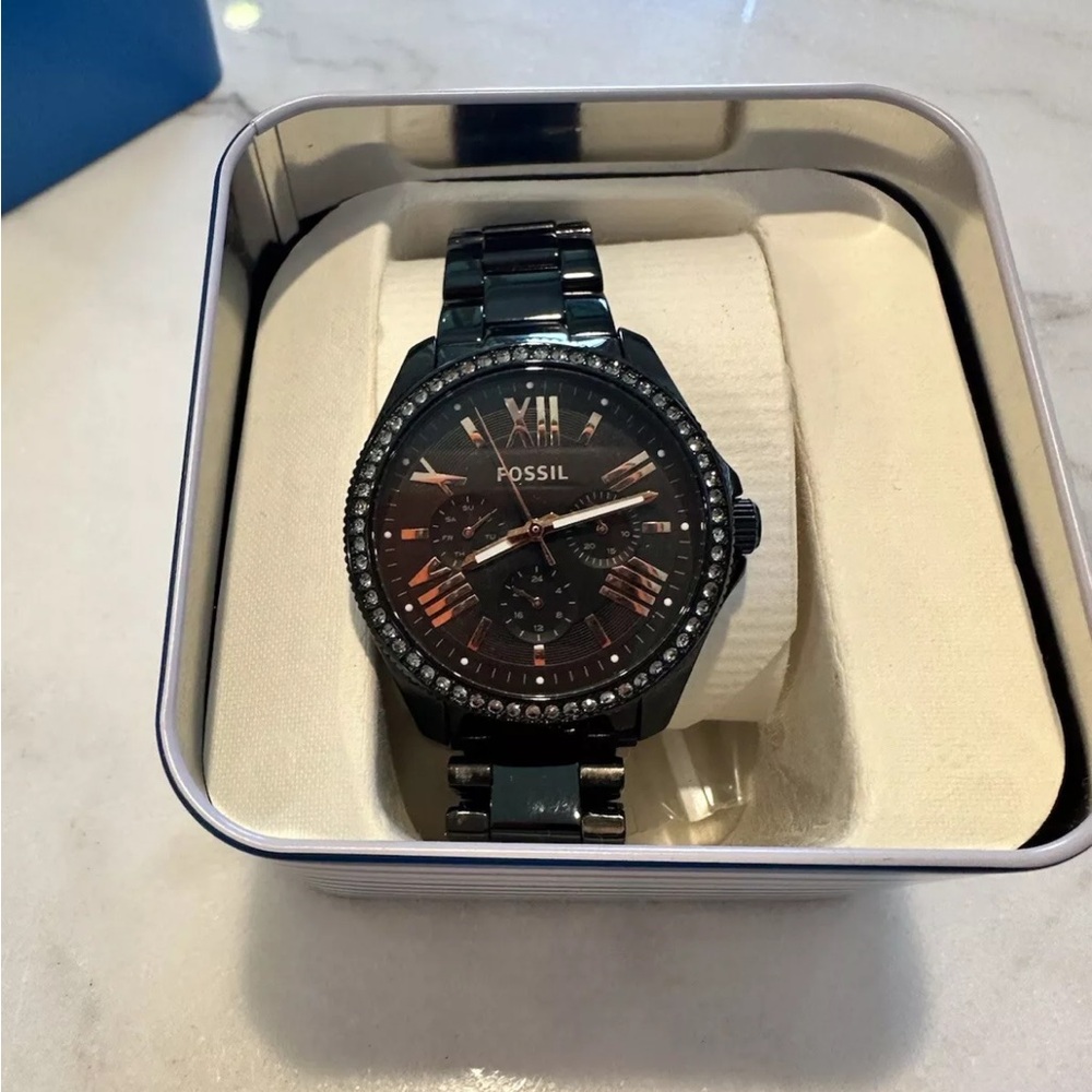 Black fossil watch with rhinestones and rose gold accents